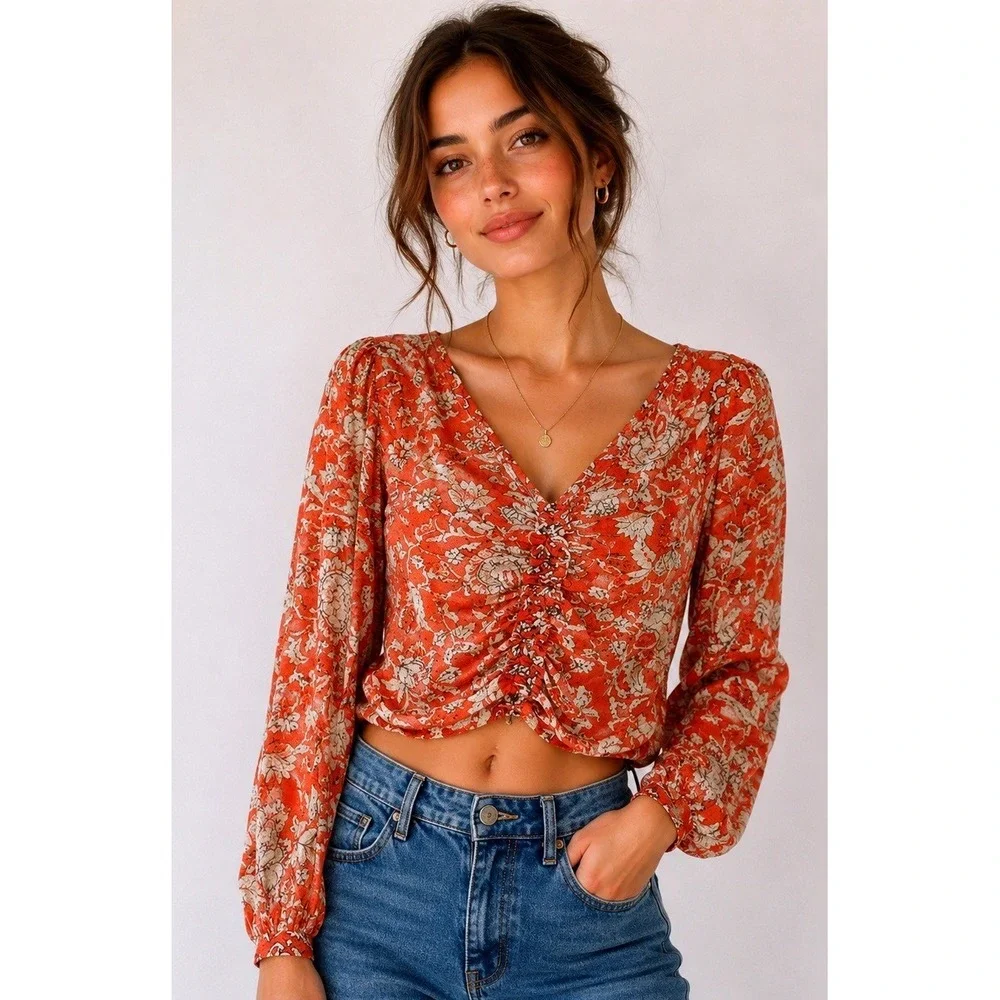 Free People Say The Word Top Womens Medium Orange Floral‎ Ruched Boho V-Neck